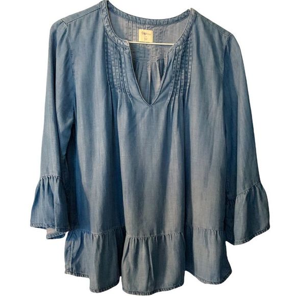 Gap Chambray BoHo  Pleated Light Blue Denim Top M (A-143) - Picture 5 of 8